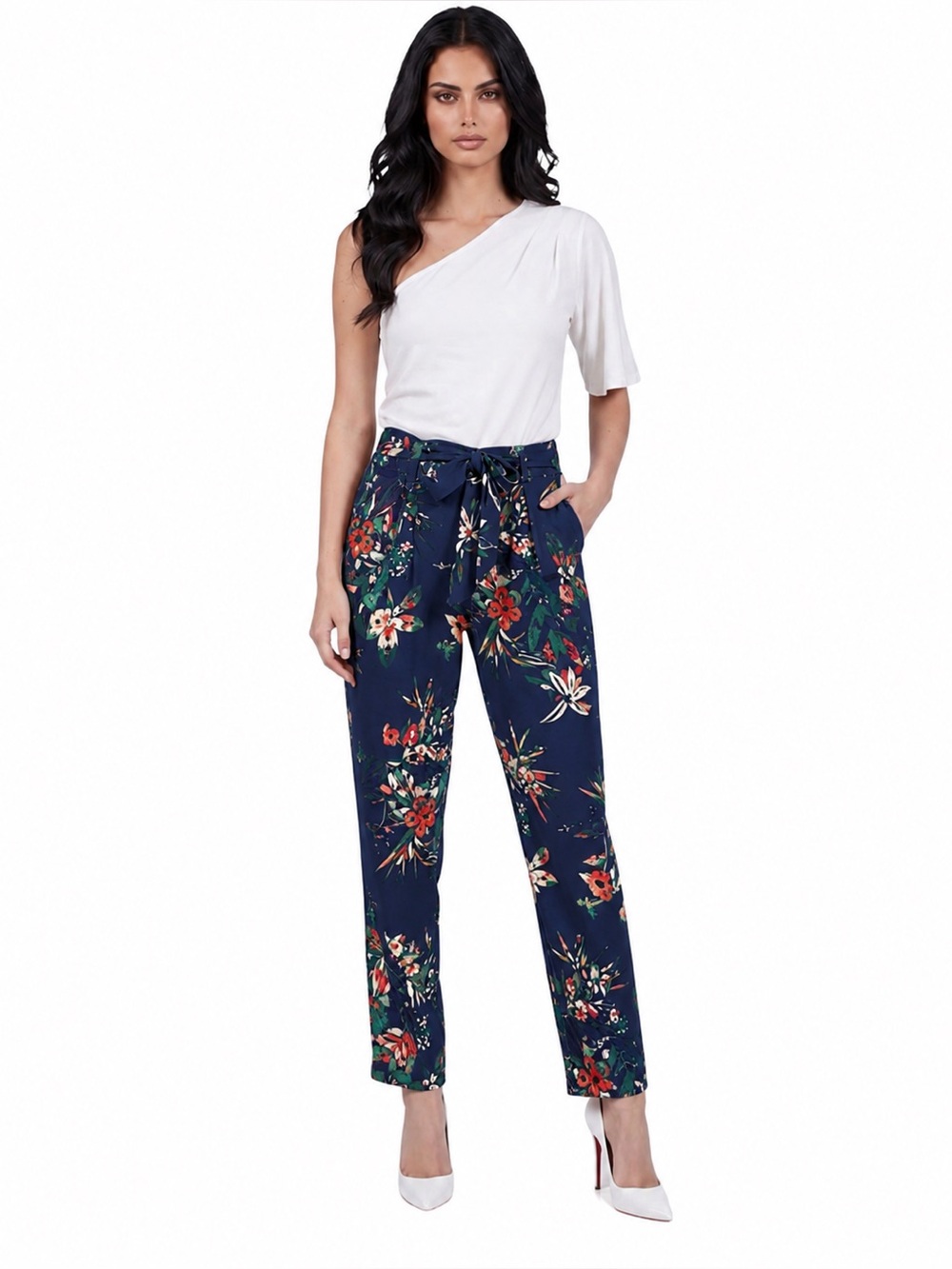 Express Floral Print Belted Tapered Paperbag Pant | Blue | Size 12
